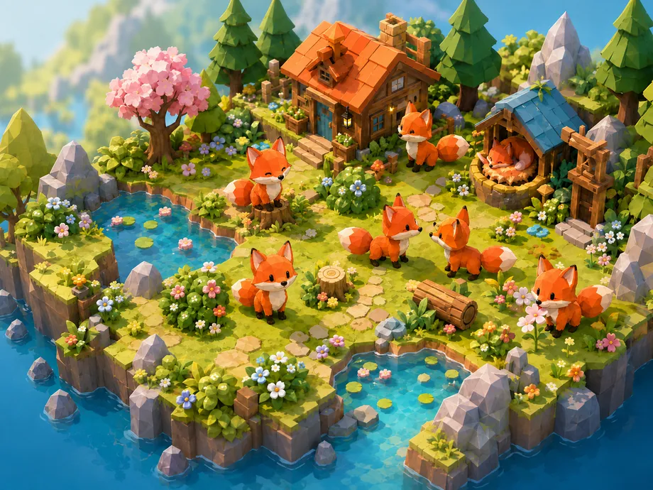 A low-poly island of grass, flowers and clear ponds. Six foxes sit and wander among the plants, beside a cabin with an orange roof and a small den built into the hillside.
